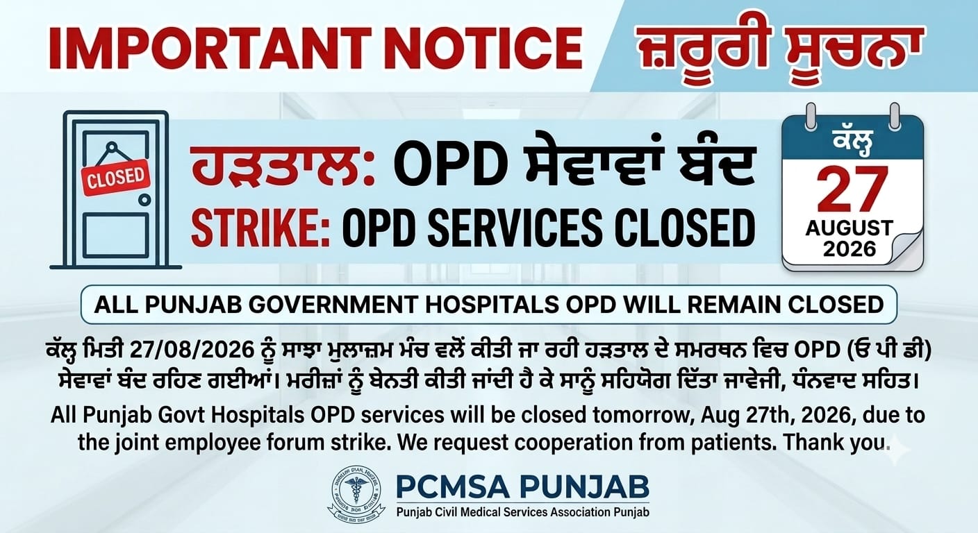 पी सी.एम.एस. एसोसिएशन ने किया 27 अगस्त को होने वाली हड़ताल का समर्थन   आपातकालीन व आवश्यक चिकितसा सेवाए जारी रहेगी