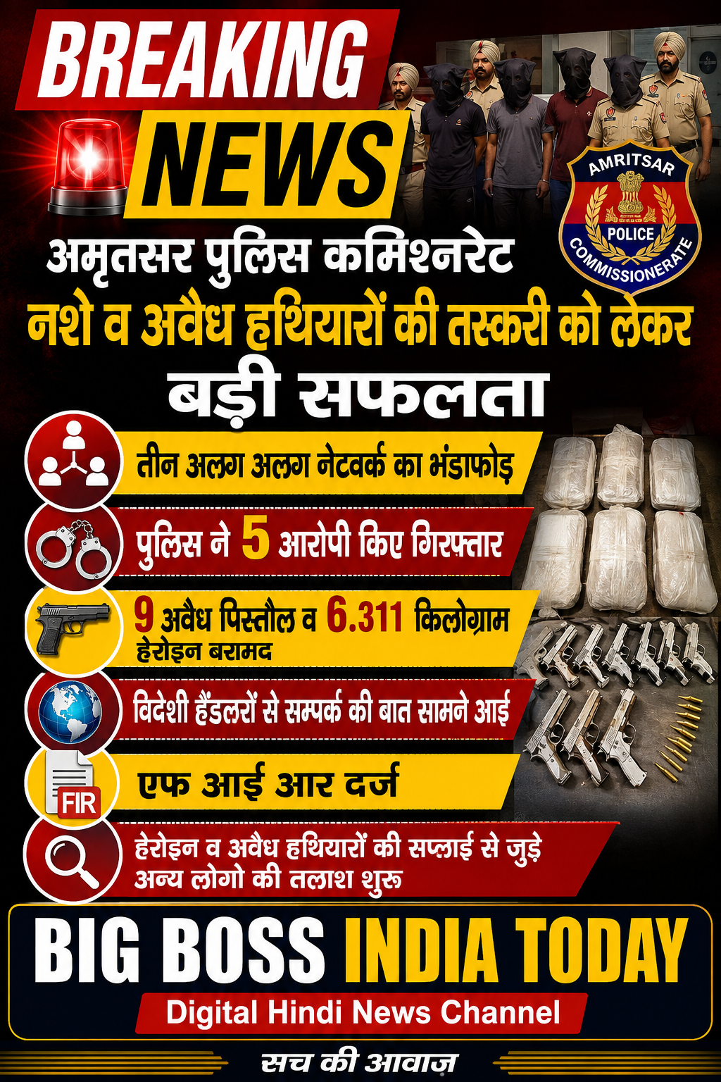 अमृतसर कमिश्नरेट पुलिस की मिली बड़ी सफलता  नशे और अवैध हथियारों की तस्करी से जुड़े तीन नेटवर्क का भंडाफोड़, 5 आरोपी गिरफ्तार