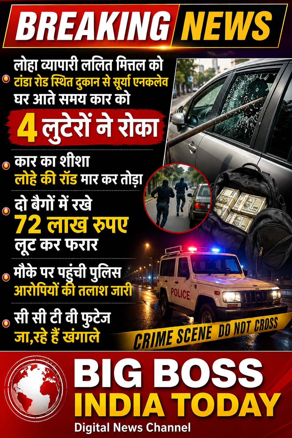जालन्धर के सूर्या एनकलेव में लोहा व्यापारी ललित मित्तल से लुटेरों ने 72 लाख रुपए लूटे